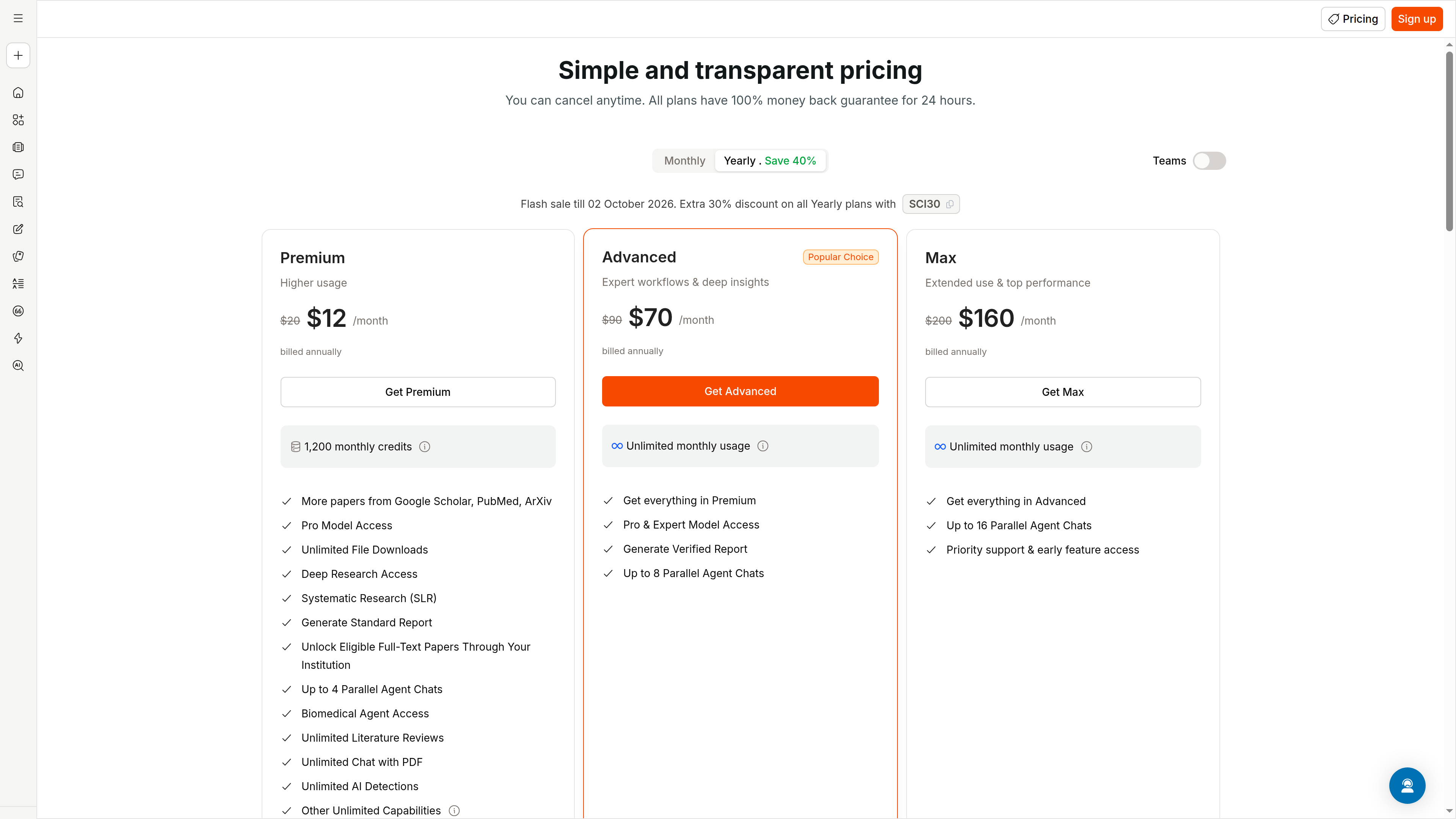 SciSpace pricing page screenshot: Premium, Advanced and Max plan cards at $12, $70 and $160 per month on the annual view, listing differences in credits, model access and parallel chats, with the Mont