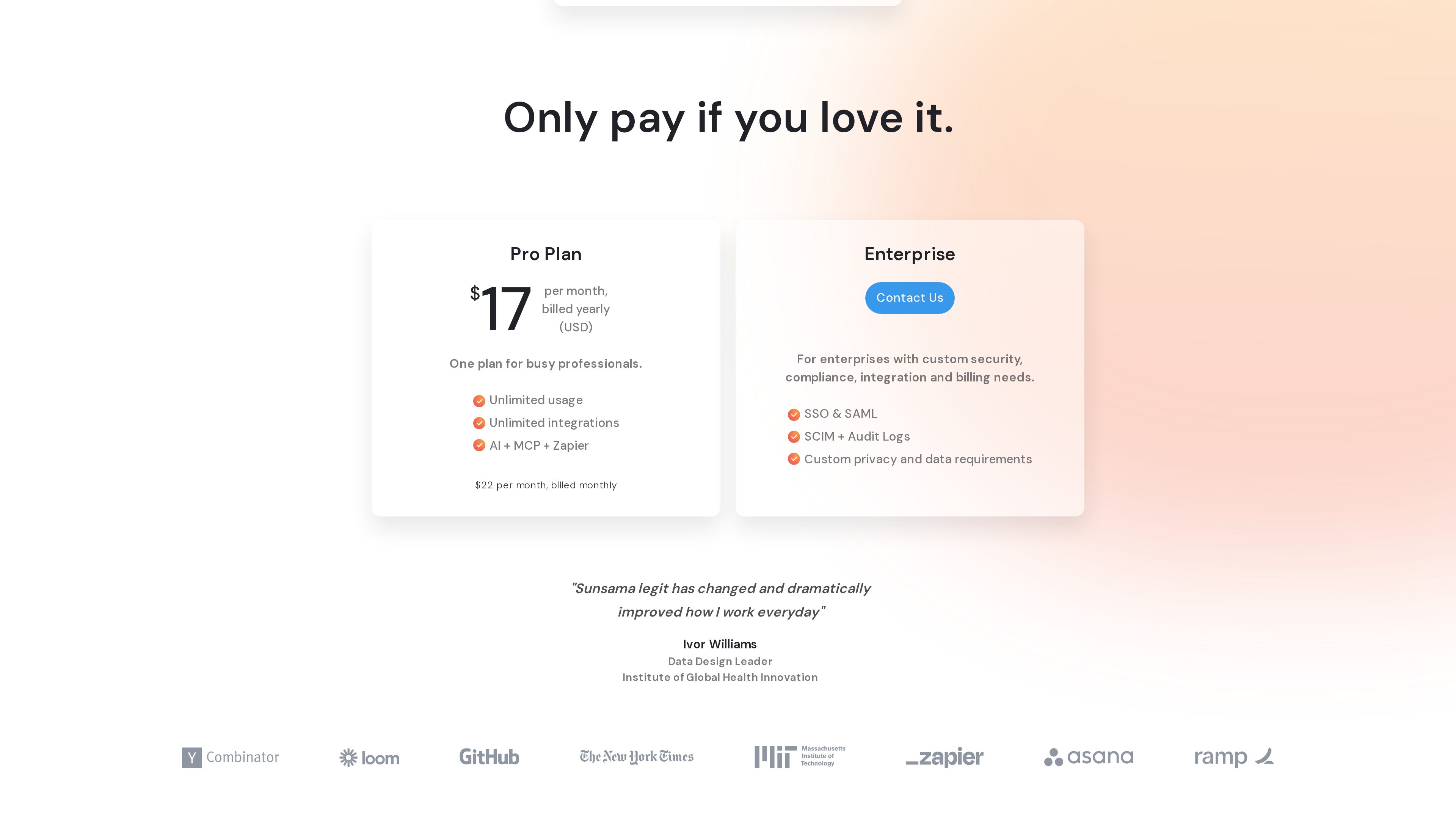 Sunsama 定價頁截圖：「Only pay if you love it.」標題下，Pro Plan 年付折合 17 美元/月（月付 22 美元）與 Enterprise 聯繫銷售兩檔並列