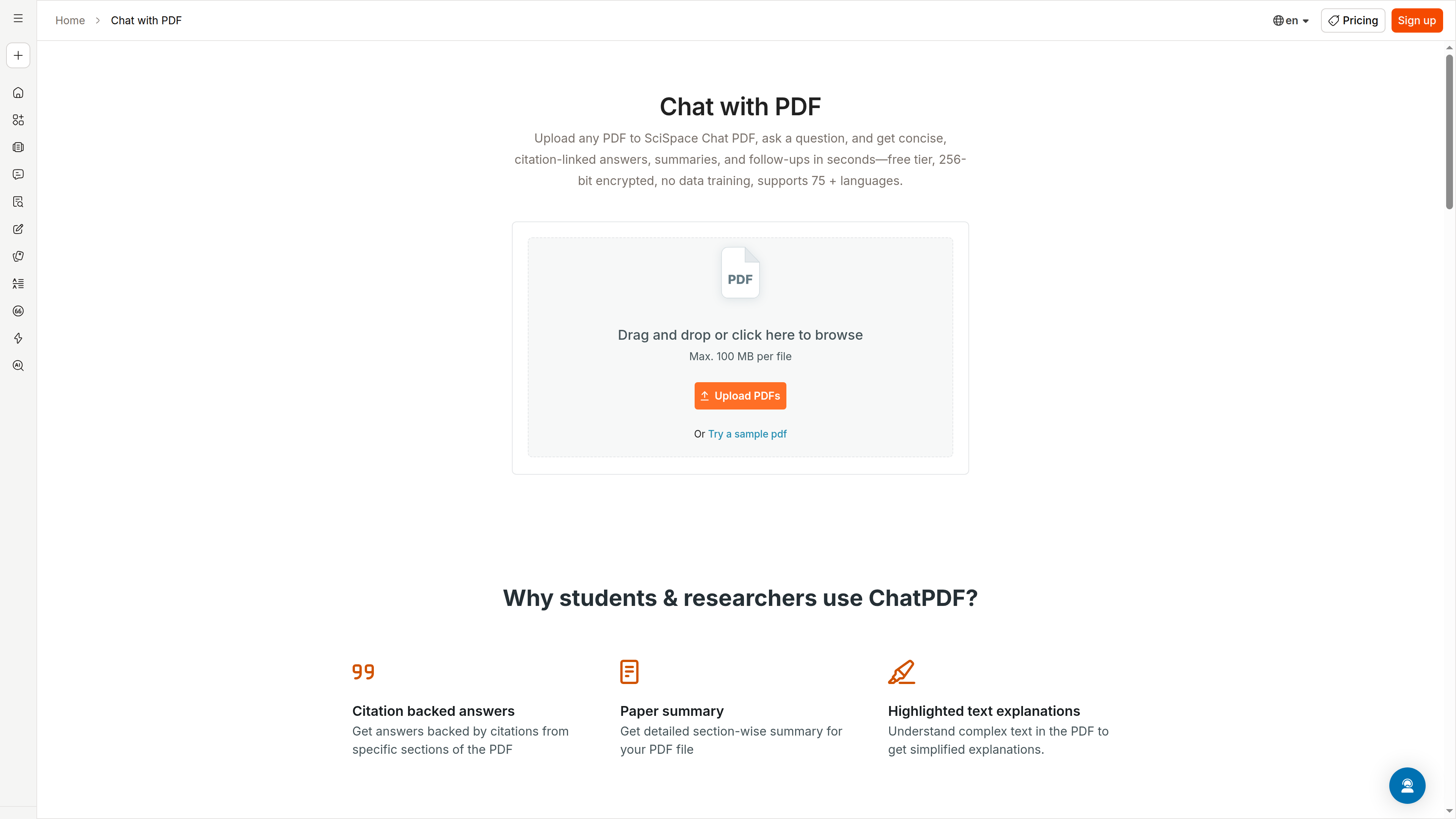 SciSpace Chat with PDF page screenshot: a central drag-and-drop upload area marked 'Max. 100 MB per file', descriptive text noting the free tier, 256-bit encryption, no data training and 75+ languages
