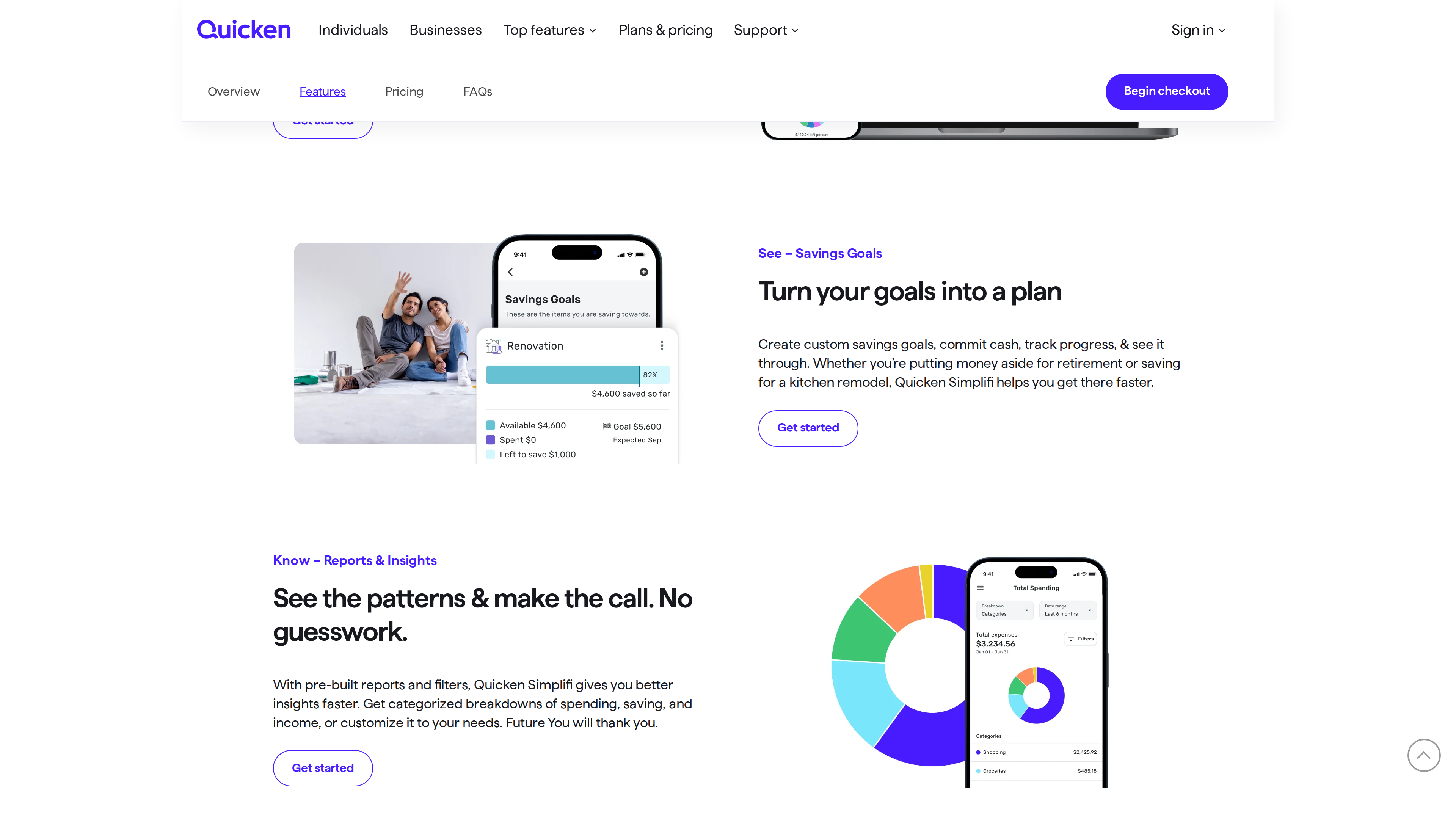 Screenshot of the Quicken Simplifi feature sections: a phone mockup showing Savings Goals progress, and the Reports & Insights section with a categorized spending donut chart