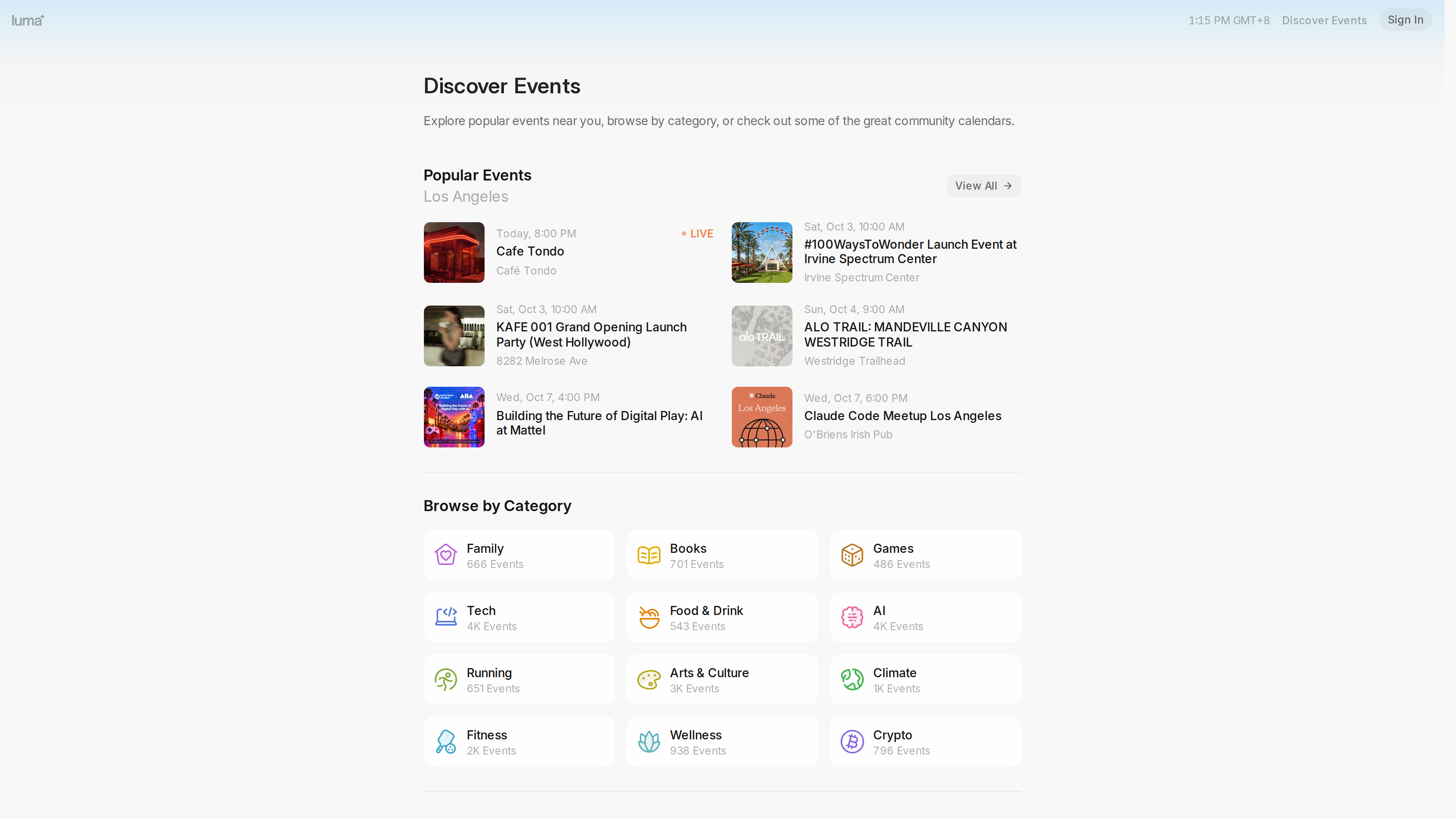 Screenshot of the Luma Discover page: a Popular Events list for Los Angeles and a browse-by-category grid showing 4K events each in Tech and AI