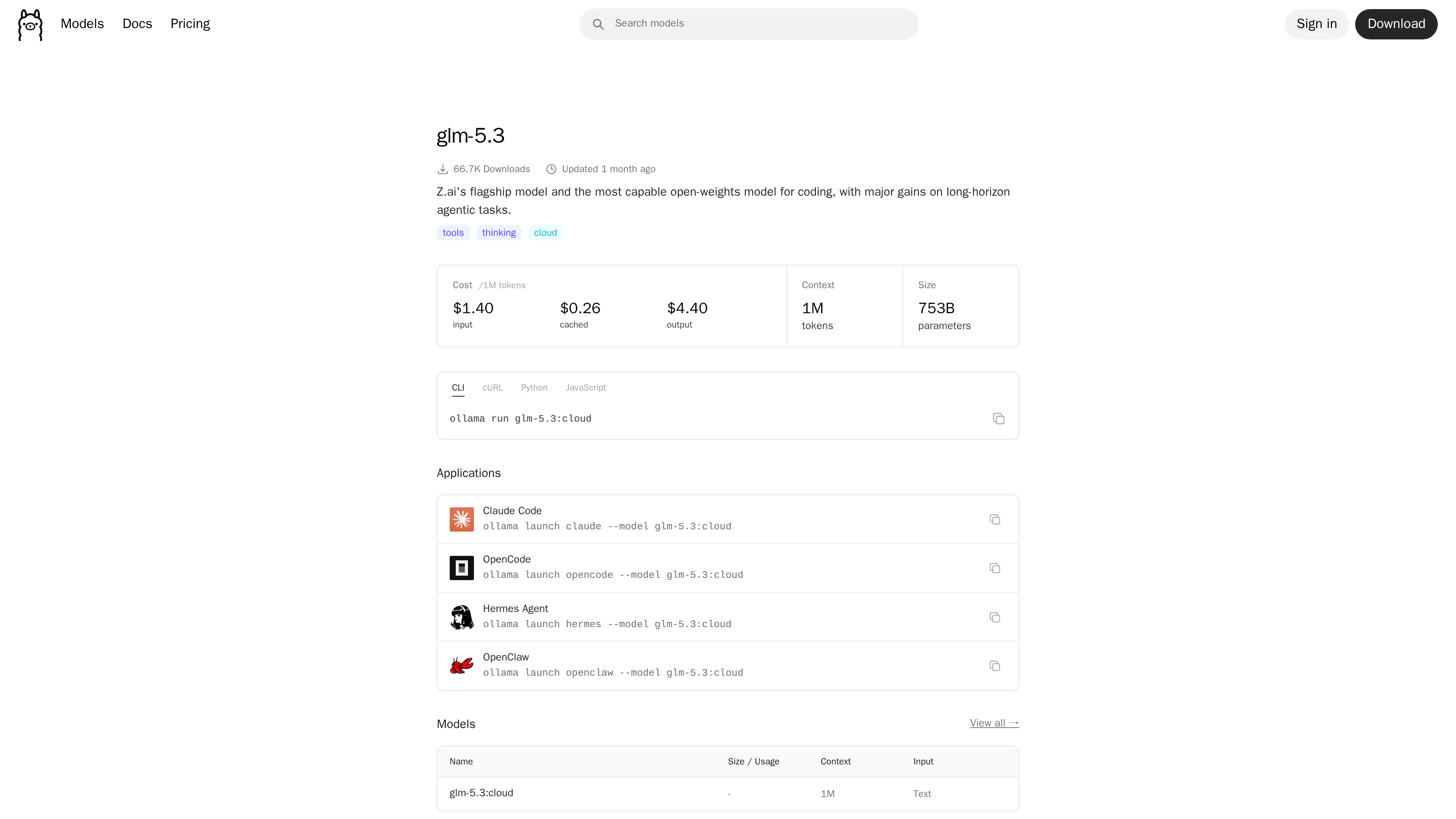 The glm-5.3 model page, showing cloud pricing, context length, and parameter size