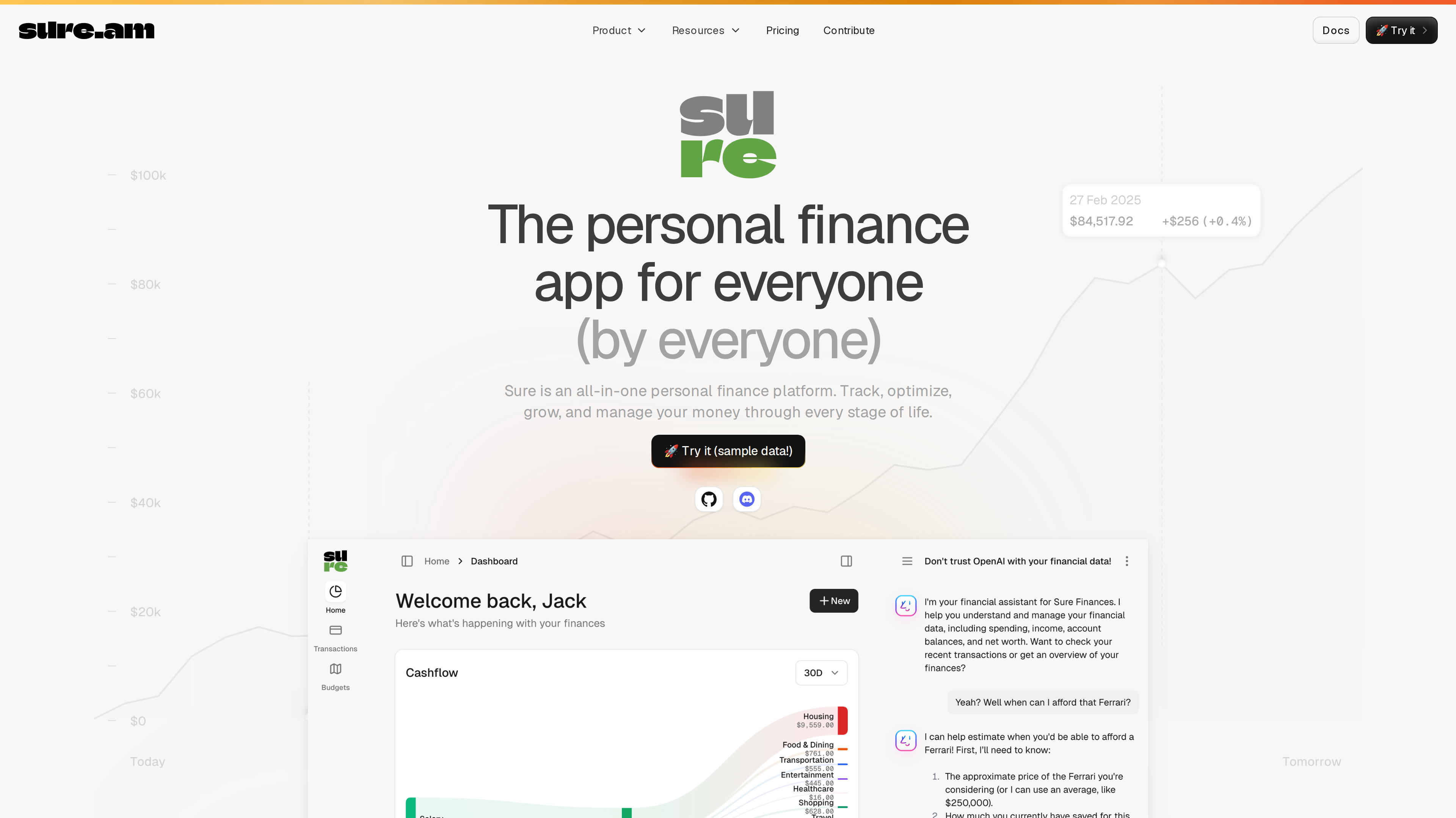 Screenshot of the Sure homepage: the tagline "The personal finance app for everyone (by everyone)" above a preview of the dashboard and AI assistant