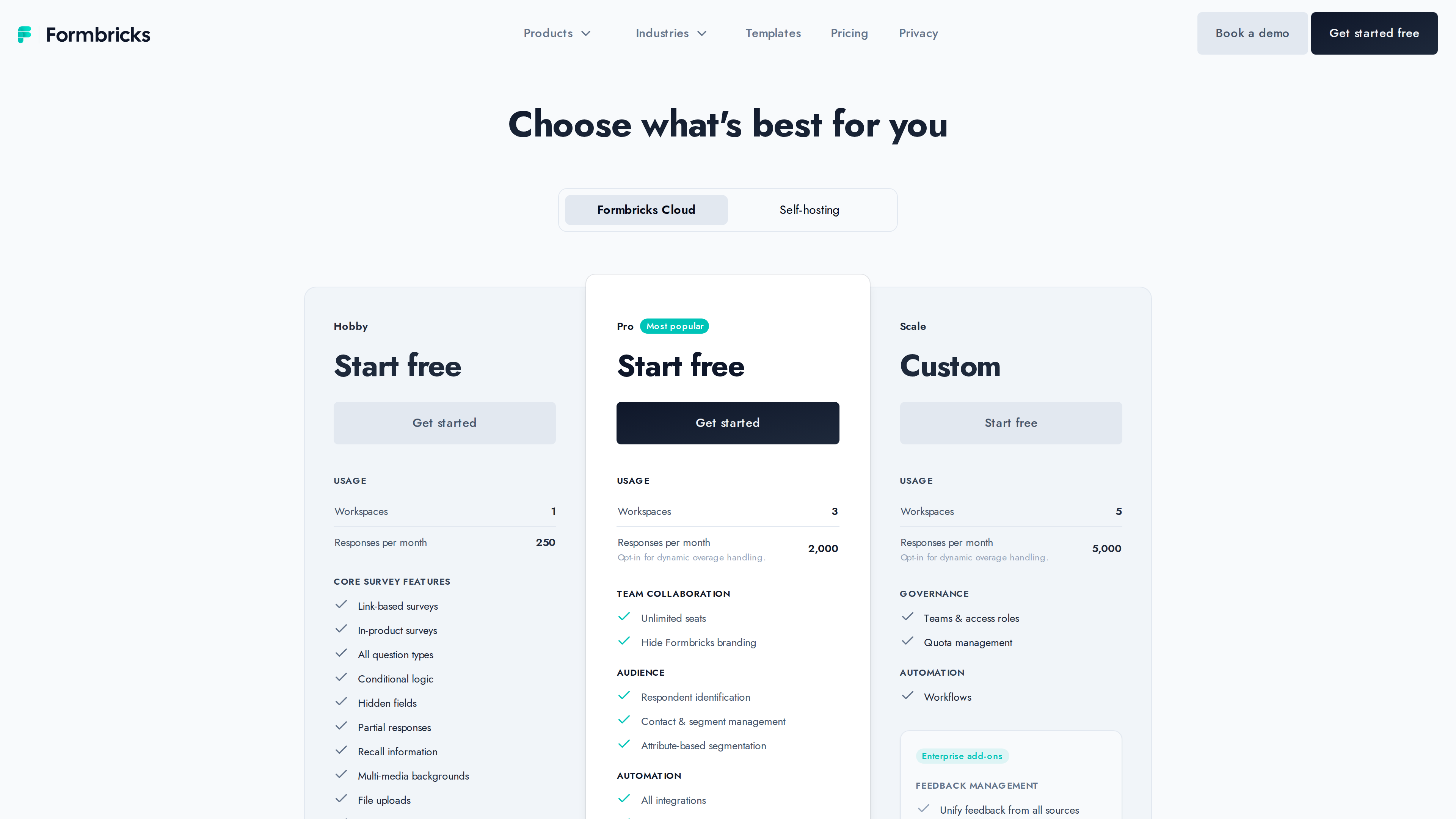 Screenshot of the Formbricks pricing page: cloud tiers Hobby, Pro, and Scale, with Hobby free at 250 responses/month and Pro/Scale at 2,000 and 5,000 responses/month respectively