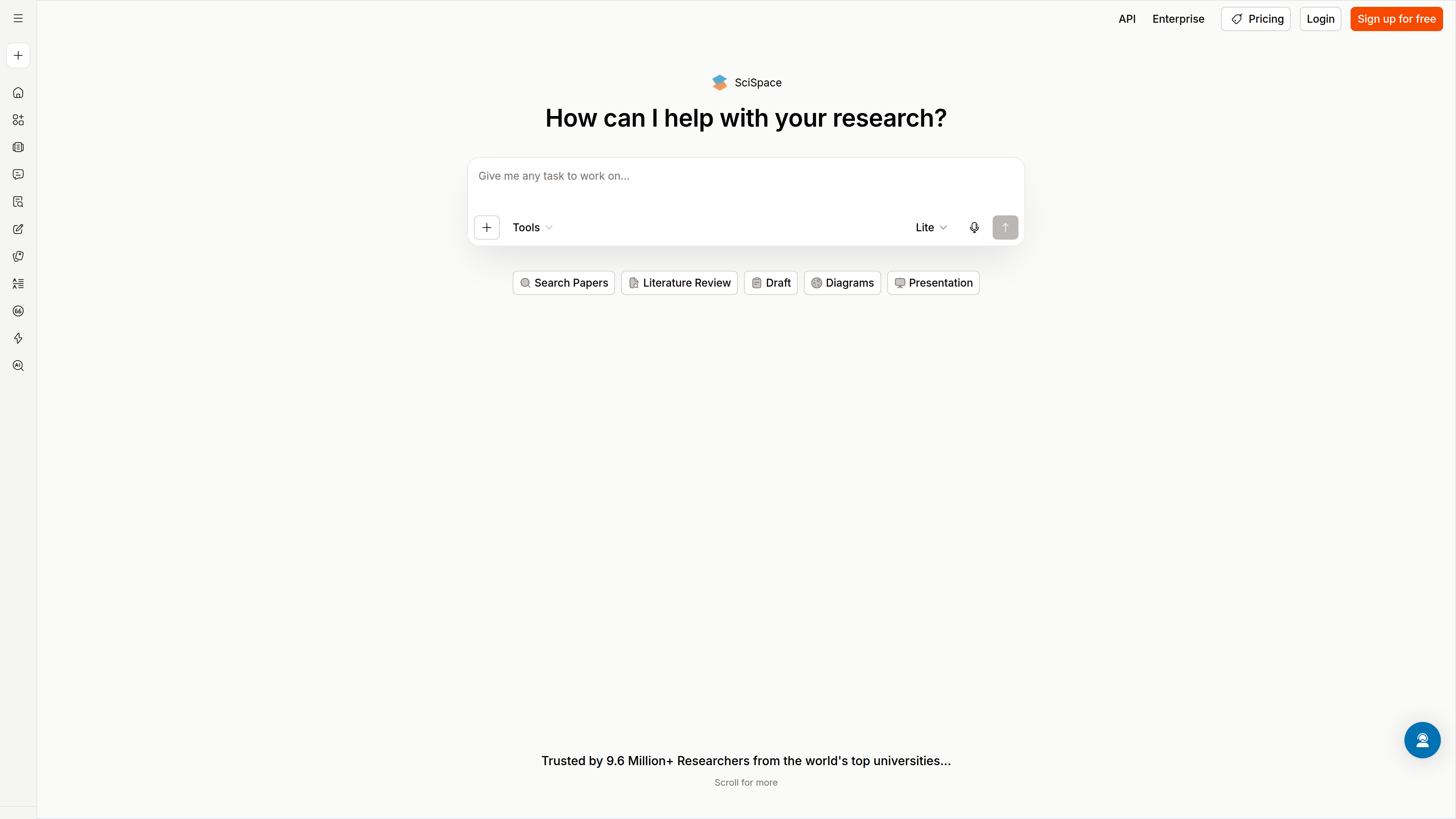 SciSpace homepage screenshot: a central 'How can I help with your research?' task input with a Tools menu and Lite mode toggle, shortcuts for Search Papers, Literature Review, Draft, Diagrams and Pres